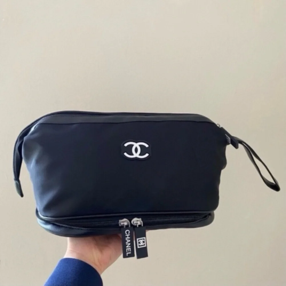 Brand New Chanel Black Nylon Large Makeup Bag/Pouch/Clutch with Wrist Strap